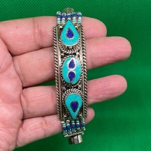 Solid Sterling Silver Lapis & Turquoise Native Beaded Bracelet